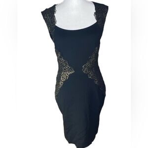 ERIN Erin Fetherston Wms Sz 6 Black Ponte Gold Lace Exposed Zipper Fitted Dress